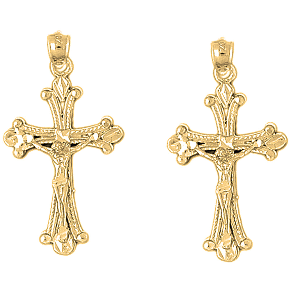 Yellow Gold-plated Silver 37mm Budded Crucifix Earrings