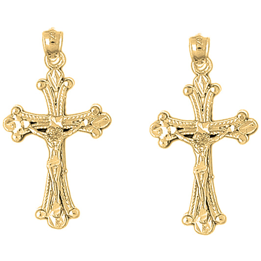 Yellow Gold-plated Silver 37mm Budded Crucifix Earrings