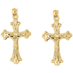 14K or 18K Gold 37mm Budded Crucifix Earrings