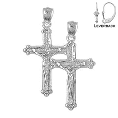 Sterling Silver 37mm Budded Crucifix Earrings (White or Yellow Gold Plated)