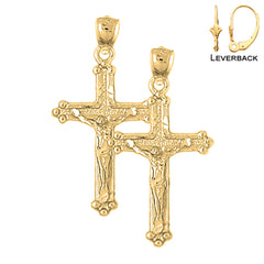 Sterling Silver 37mm Budded Crucifix Earrings (White or Yellow Gold Plated)