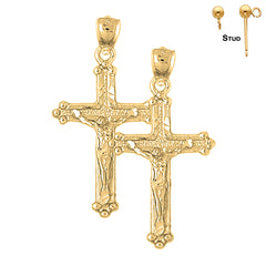 Sterling Silver 37mm Budded Crucifix Earrings (White or Yellow Gold Plated)