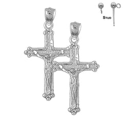 Sterling Silver 37mm Budded Crucifix Earrings (White or Yellow Gold Plated)