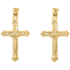 Yellow Gold-plated Silver 37mm Budded Crucifix Earrings