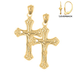 Sterling Silver 33mm Budded Crucifix Earrings (White or Yellow Gold Plated)