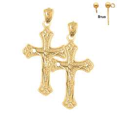 Sterling Silver 33mm Budded Crucifix Earrings (White or Yellow Gold Plated)