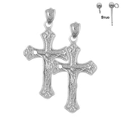 Sterling Silver 33mm Budded Crucifix Earrings (White or Yellow Gold Plated)