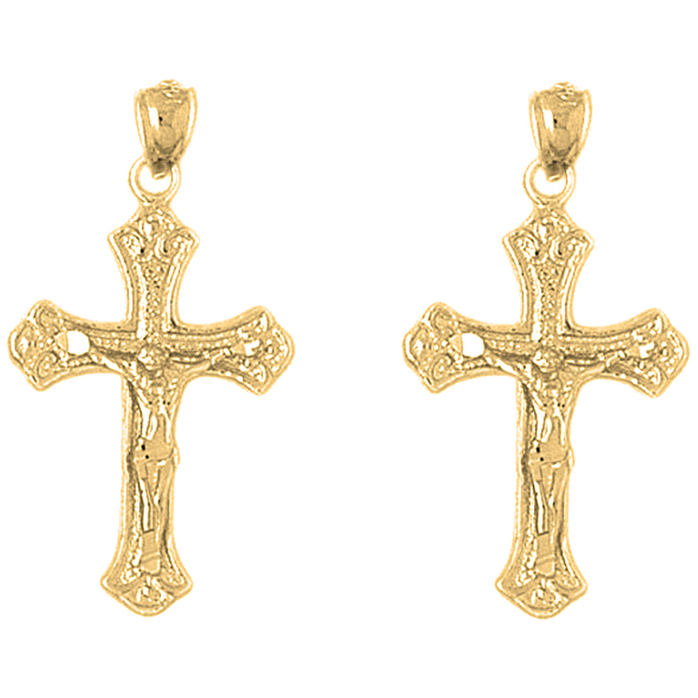 Yellow Gold-plated Silver 33mm Budded Crucifix Earrings