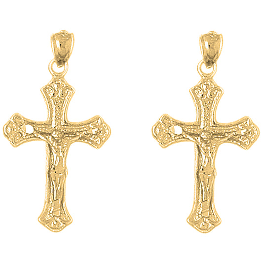 Yellow Gold-plated Silver 33mm Budded Crucifix Earrings