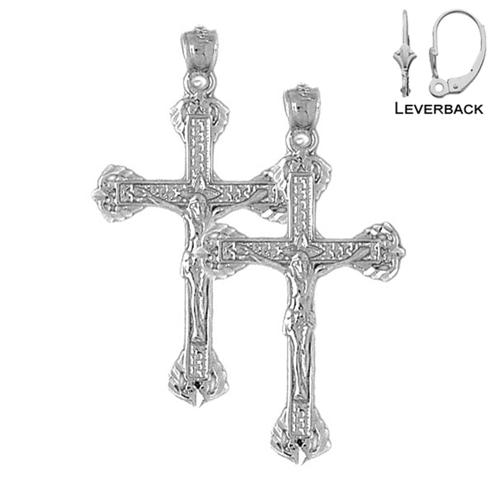 Sterling Silver 40mm Budded Crucifix Earrings (White or Yellow Gold Plated)