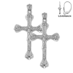 Sterling Silver 40mm Budded Crucifix Earrings (White or Yellow Gold Plated)