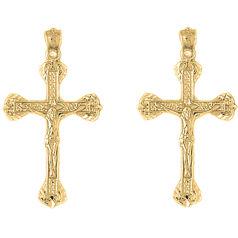 Yellow Gold-plated Silver 40mm Budded Crucifix Earrings