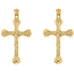 Yellow Gold-plated Silver 40mm Budded Crucifix Earrings