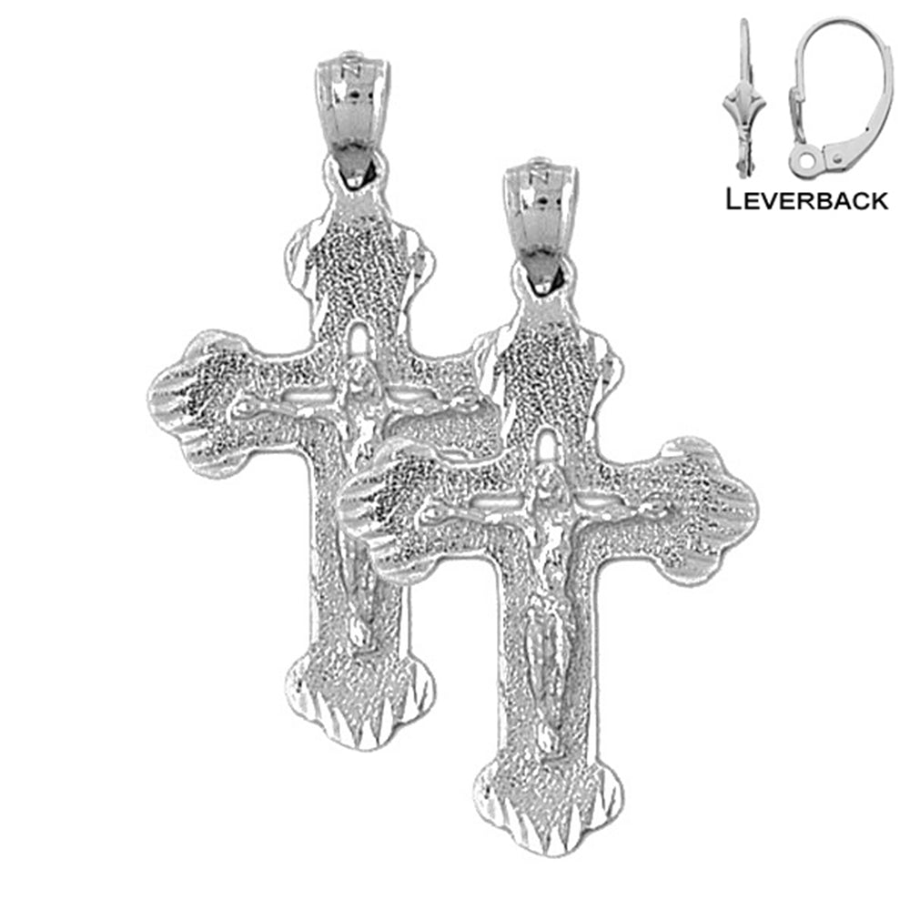 Sterling Silver 35mm Budded Crucifix Earrings (White or Yellow Gold Plated)