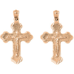 14K or 18K Gold 35mm Budded Crucifix Earrings