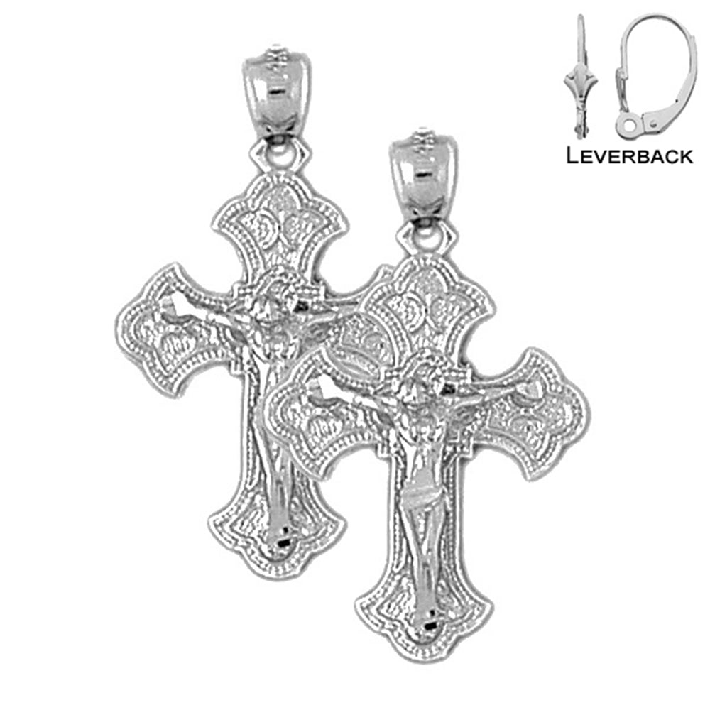 Sterling Silver 30mm Budded Crucifix Earrings (White or Yellow Gold Plated)