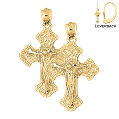 Sterling Silver 30mm Budded Crucifix Earrings (White or Yellow Gold Plated)