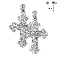 Sterling Silver 30mm Budded Crucifix Earrings (White or Yellow Gold Plated)