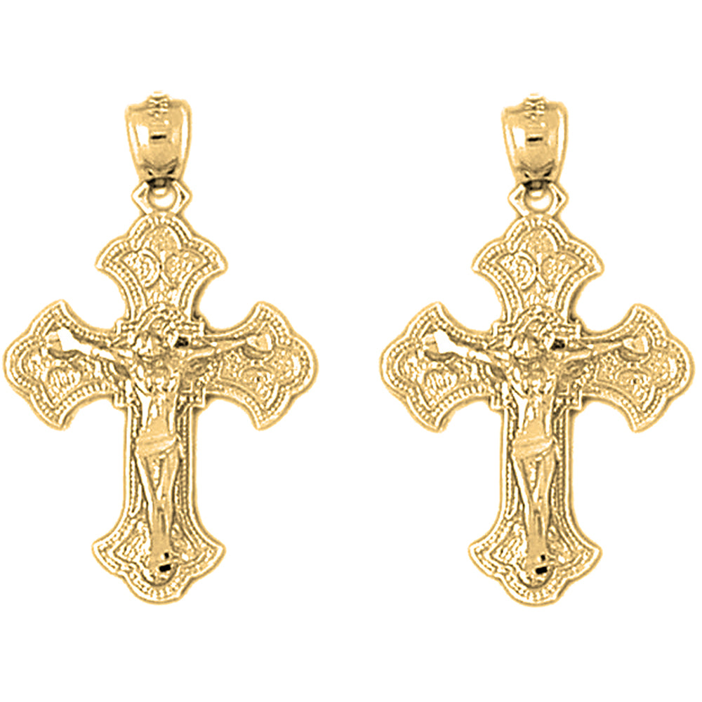 Yellow Gold-plated Silver 30mm Budded Crucifix Earrings