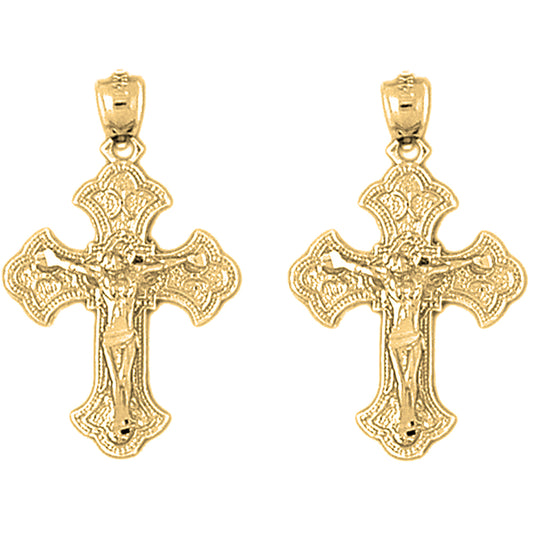 Yellow Gold-plated Silver 30mm Budded Crucifix Earrings