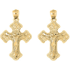 Yellow Gold-plated Silver 30mm Budded Crucifix Earrings