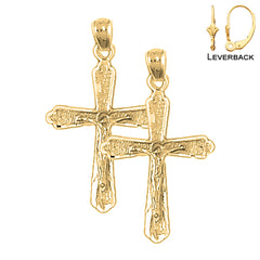 Sterling Silver 31mm Budded Crucifix Earrings (White or Yellow Gold Plated)