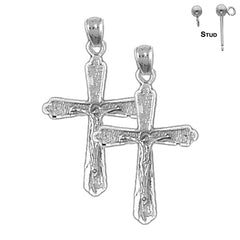 Sterling Silver 31mm Budded Crucifix Earrings (White or Yellow Gold Plated)