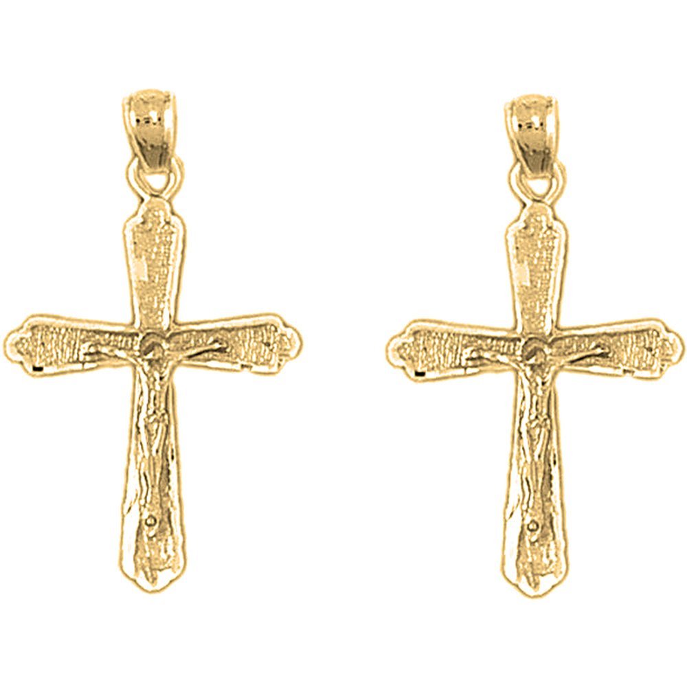 Yellow Gold-plated Silver 31mm Budded Crucifix Earrings