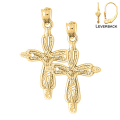Sterling Silver 32mm Budded Crucifix Earrings (White or Yellow Gold Plated)