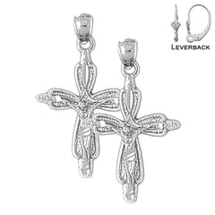 Sterling Silver 32mm Budded Crucifix Earrings (White or Yellow Gold Plated)