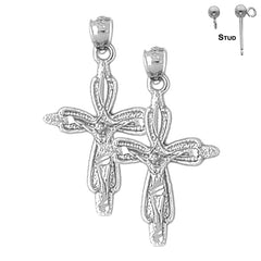 Sterling Silver 32mm Budded Crucifix Earrings (White or Yellow Gold Plated)