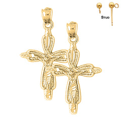 Sterling Silver 32mm Budded Crucifix Earrings (White or Yellow Gold Plated)