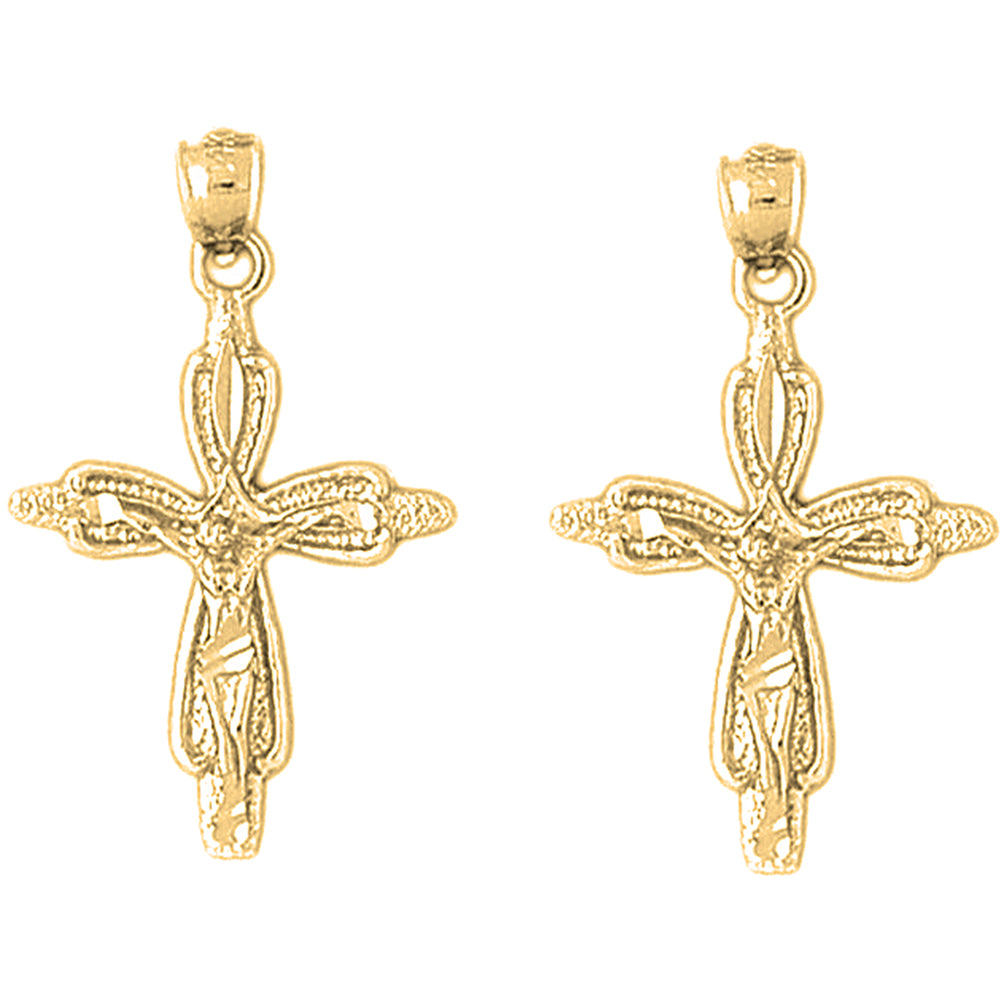 14K or 18K Gold 32mm Budded Crucifix Earrings