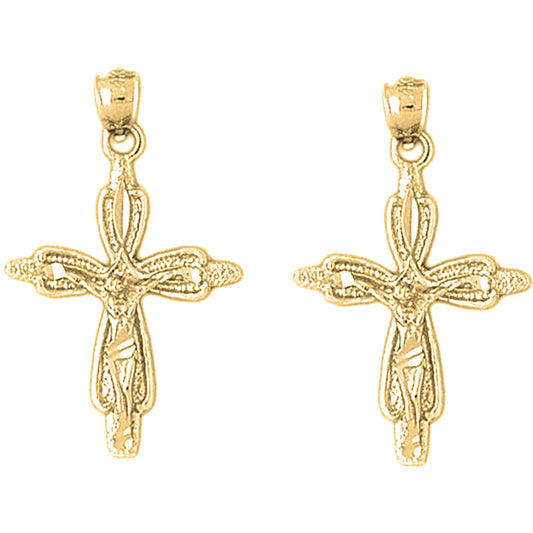 Yellow Gold-plated Silver 32mm Budded Crucifix Earrings