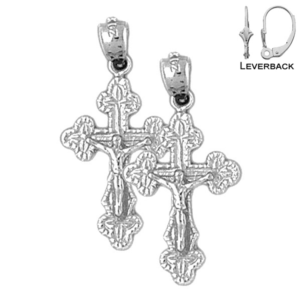 Sterling Silver 29mm Budded Crucifix Earrings (White or Yellow Gold Plated)