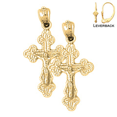 Sterling Silver 29mm Budded Crucifix Earrings (White or Yellow Gold Plated)
