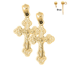 Sterling Silver 29mm Budded Crucifix Earrings (White or Yellow Gold Plated)