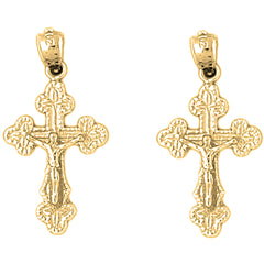 Yellow Gold-plated Silver 29mm Budded Crucifix Earrings