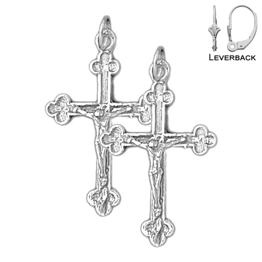 Sterling Silver 30mm Budded Crucifix Earrings (White or Yellow Gold Plated)