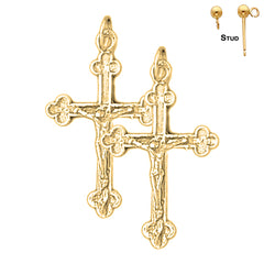 Sterling Silver 30mm Budded Crucifix Earrings (White or Yellow Gold Plated)