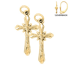 Sterling Silver 26mm Budded Crucifix Earrings (White or Yellow Gold Plated)
