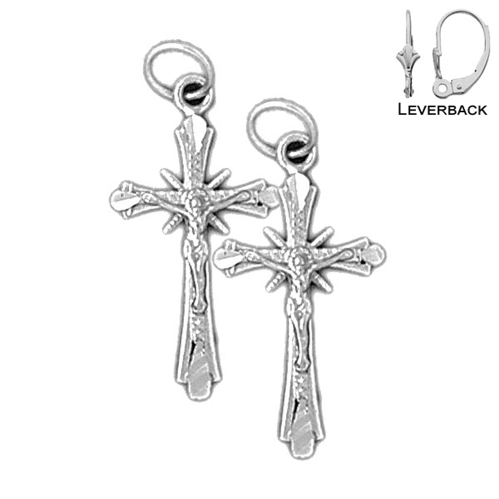 Sterling Silver 26mm Budded Crucifix Earrings (White or Yellow Gold Plated)