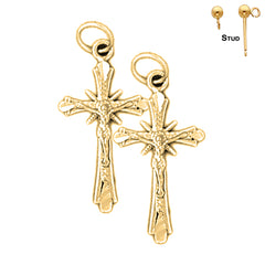 Sterling Silver 26mm Budded Crucifix Earrings (White or Yellow Gold Plated)