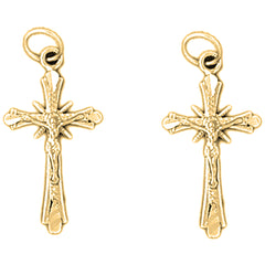 Yellow Gold-plated Silver 26mm Budded Crucifix Earrings