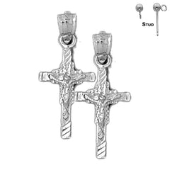 Pendientes de crucifijo latino de plata de ley de 26 mm (chapados en oro blanco o amarillo)