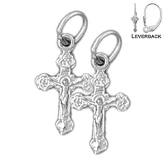 Sterling Silver 18mm Budded Crucifix Earrings (White or Yellow Gold Plated)