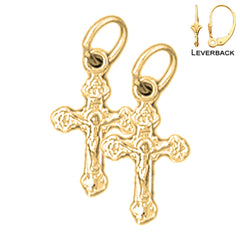 Sterling Silver 18mm Budded Crucifix Earrings (White or Yellow Gold Plated)