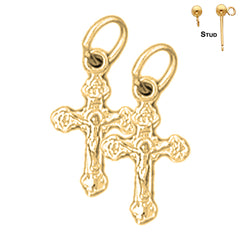 Sterling Silver 18mm Budded Crucifix Earrings (White or Yellow Gold Plated)