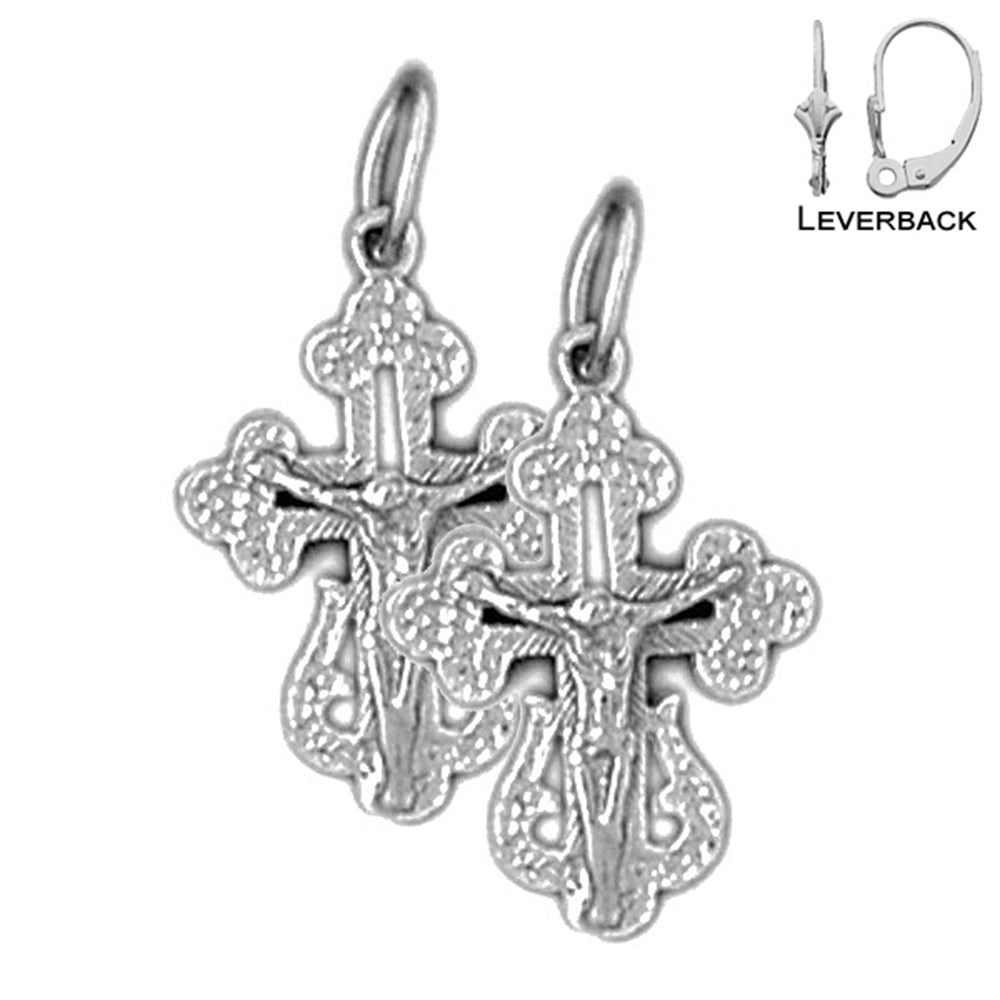 Sterling Silver 22mm Budded Crucifix Earrings (White or Yellow Gold Plated)