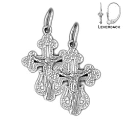 Sterling Silver 22mm Budded Crucifix Earrings (White or Yellow Gold Plated)